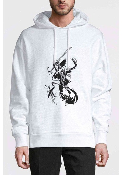 Samurai Jack Baskılı Beyaz Erkek Örme Kapşonlu Sweatshirt (531046847)