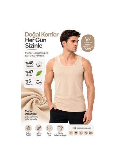 Westicgiyim Erkek Ten Rengi Modal Atlet Pamuklu Esnek Nefes Alan Yumuşak Günlük İç Giyim S M L Xl 2xl Bej