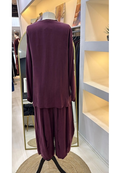 Misswhence İçi Pantolonlu Cupra İpek Tunik Şalvar Takım 39004 Bordo Bordo