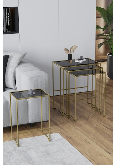 Faymend Mimoza 4 Lü Zigon Sehpa, Metal Sehpa, Cam Sehpa ' Gold - Füme' Eskitme Gold - Füme Cam