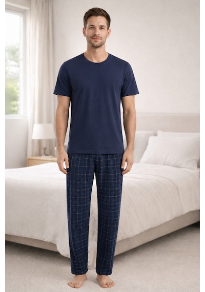 Koza İç Giyim Erkek Lacivert Kısa Kollu Ekose Desenli Pamuklu Pijama Takımı S299