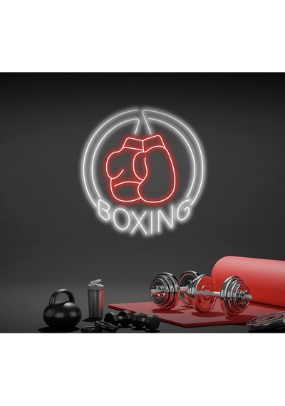 Boxıng Yazılı Ve Boks Eldiveni Figürlü Neon Tabela Beyaz