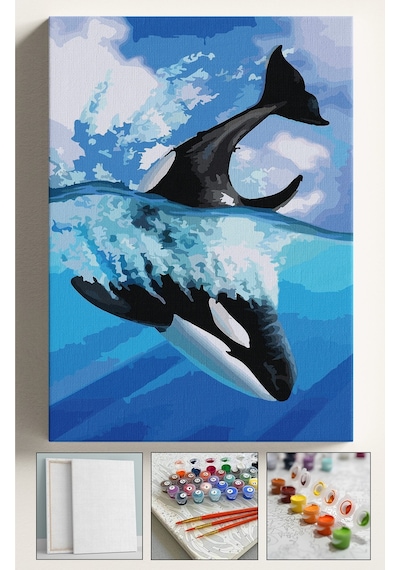 Sayılarla Boyama Çerçeveli Hobi Seti Numaralı Tuval Fırça Boya Dahil Kasnaklı Balina 40x50 Cm