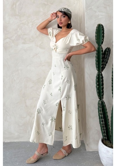Verymoda Nakışlı Keten Görünümlü Elbise D2901 Haki