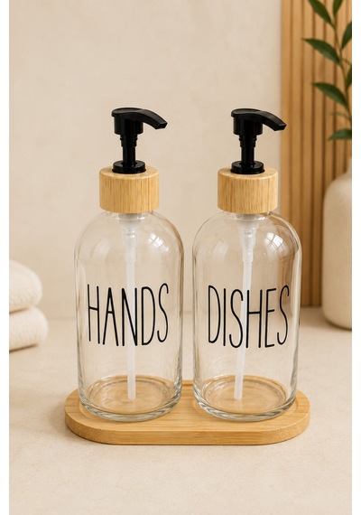 Relly Bambu Standlı İkili Cam Sabunluk Seti 2 X 500 Ml Hands & Dıshes Şeffaf