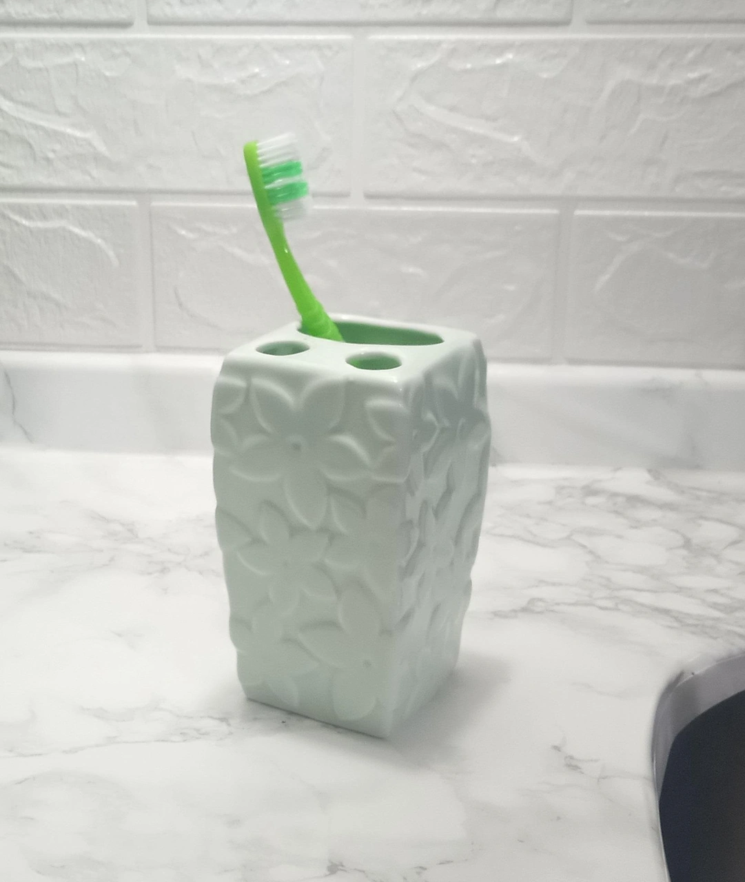 2 Adet Seramik Diş Fırçalık Çiçekli Su Yeşili 7x7x12cm Banyo Seti Çok Renkli