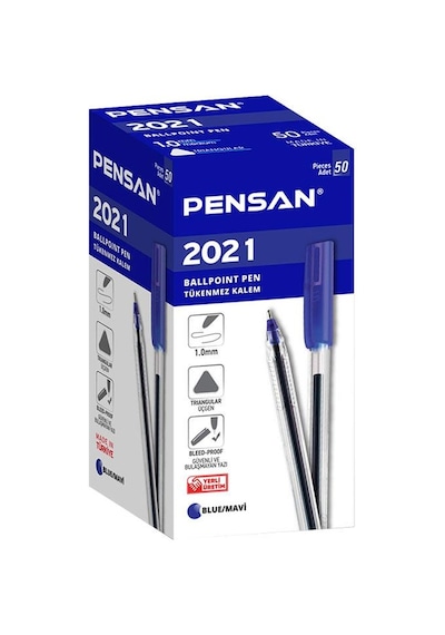 Pensan Tükenmez Kalem Üçgen Gövdeli Şeffaf 50'li Mavi 2021