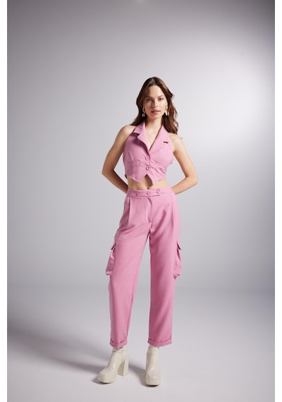 Holly Lolly Yüksek Bel Çizgili Kargo Cep Kira Pantolon Pembe