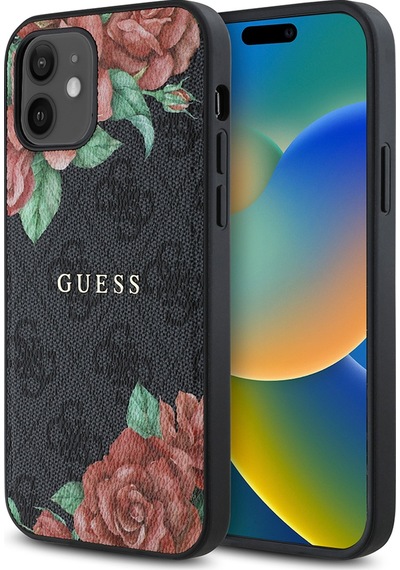 Apple Uyumlu iPhone 12 Kılıf Guess Lisanslı Magsafe Şarj Özellikli Gül Baskılı 4g Desenli Yazı Logolu Kapak Siyah
