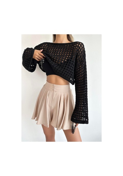 Munora Butik Uzun Kollu Siyah Triko Crop Bluz Siyah Siyah
