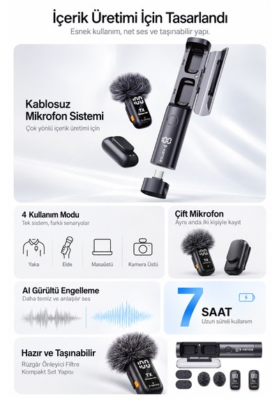 Kensa Kablosuz Yaka Mikrofonu Çift Mikrofon Type-c 4'ü 1 Arada Masa Mikrofonu Aı Gürültü Engelleme