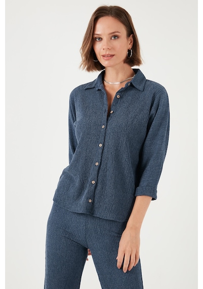 Lela Streç Regular Fit Dokulu Bayan Gömlek 5865975 Indigo
