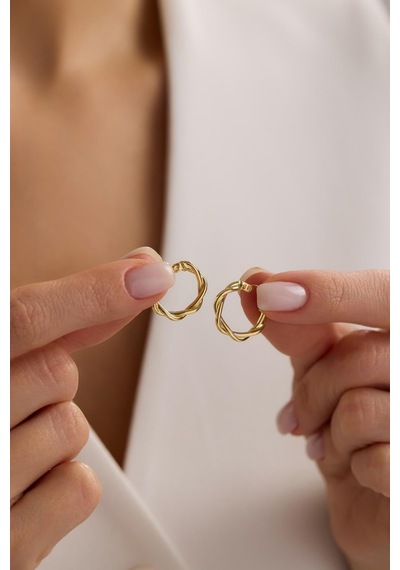 925 Ayar Gümüş Gold Kaplama Minimal 15 Mm Halka Çift Sarmal Şarnel Küpe Altın