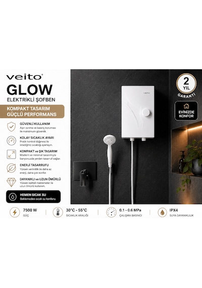 Veito Glow 7-8.3kw Ani Su Isıtıcısı - A Sınıfı Enerji Tasarruflu, Hassas Sıcaklık Kontrollü Şofben Elektirikli Şofben Montaj Dahil Değildir.