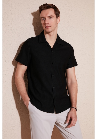 Buratti Pamuk Karışımlı Apaş Yaka Kısa Kollu Regular Fit Erkek Gömlek Cf24S115882 Siyah