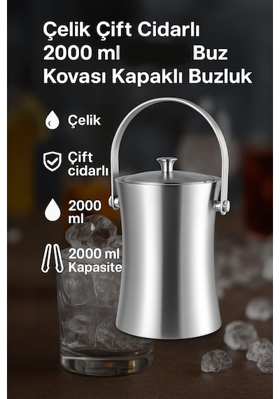 Çelik Çift Cidarlı 2 lt Maşalı Buz Kovası Kapaklı Buzluk cin422 Gri