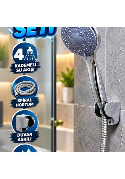 4 Kademeli El Duşu Seti Spiral Hortum Ve Duvar Askılı Duş Başlığı Çok Renkli 66341253