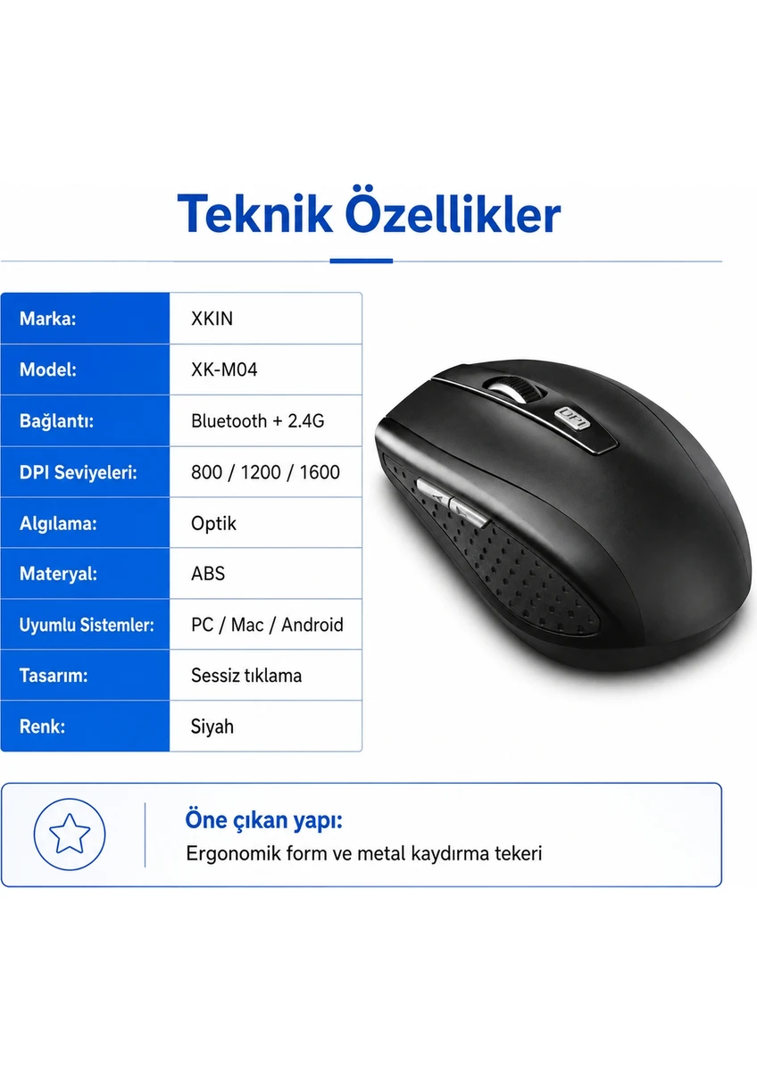 Xkin Xk-m04 Kablosuz Mouse Sessiz Bluetooth 2.4 Ghz 1600 Dpı Siyah Hafif Ergonomik Mouse Xkin Xk-m04 Kablosuz Mouse Sessiz Bluetooth 2.4 Ghz 1600 Dpı Siyah Hafif Ergonomik Mouse