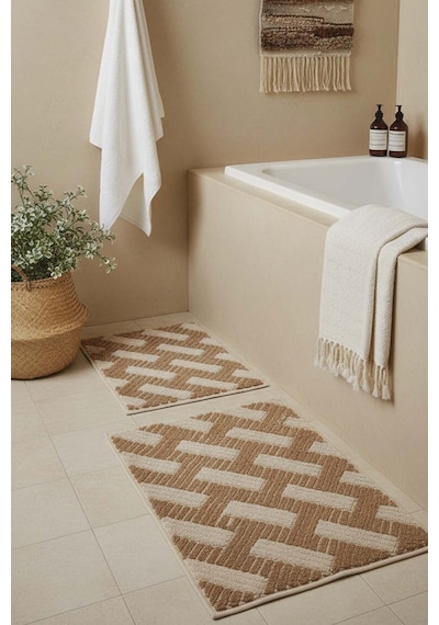 Çizgili Rustik 2 Li Banyo & Klozet Paspas Takımı Kahverengi
