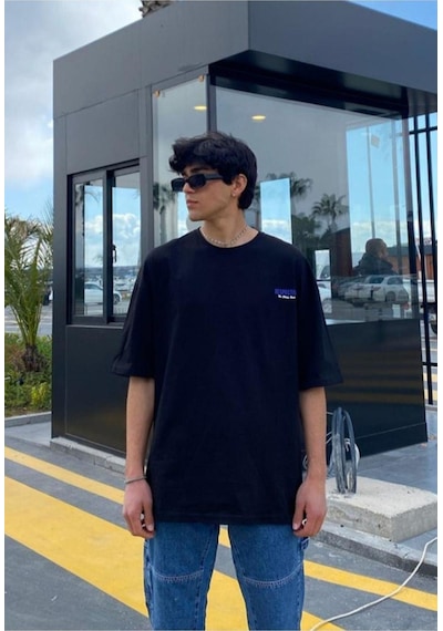Flood Of Style Erkek Siyah Respective Baskılı Oversize Bisiklet Yaka Kısa Kollu T-shirt