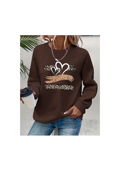 Herkesemoda Leopar Desen Detaylı Bisiklet Yaka Sweatshirt Kahverengi