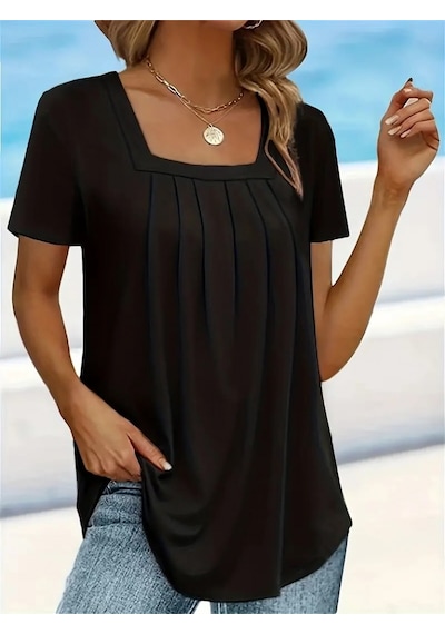 Nnstartshopping Kadın Kısa Kollu Pileli Kare Yaka Salaş Viskon T-shirt Siyah