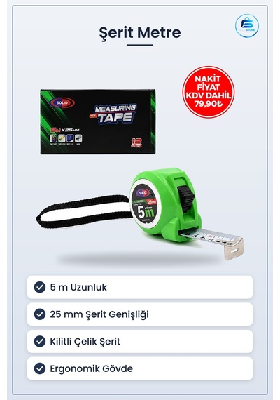 Şerit Metre 5 M 25 Mm Kilitli Çelik Ölçüm Aleti Kompakt Ev Atölye