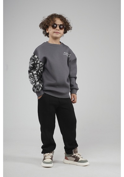 King-Brich Kingbrich Kids Bisiklet Yaka Kolu Garnili Baskılı Çocuk Sweatshirt Füme