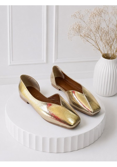 Dabab Shoes Dante Kadın Gold Kırışık Rugan Kare Burun Düz Taban Günlük Casual Babet Ayakkabı Altın