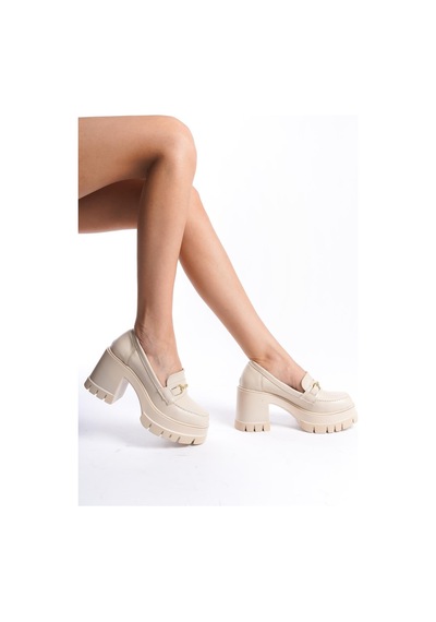 Preshley Kadın Guzi Krem Cilt İnce Toka 8 Cm Topuklu Platformlu Ayakkabı Krem