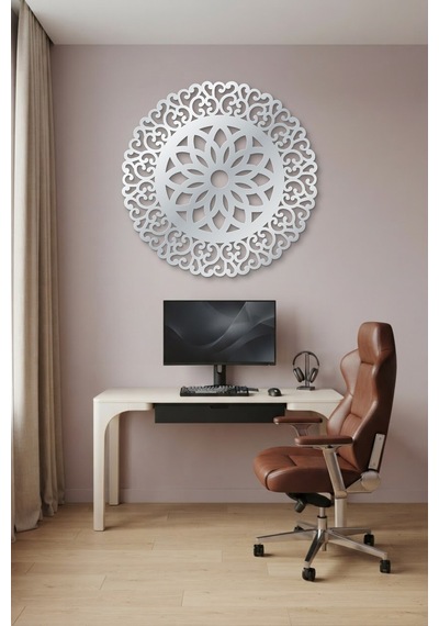 Lotus Mandala Metal Duvar Tablosu - Duvar Sanatı - Duvar Dekoru - Gümüş