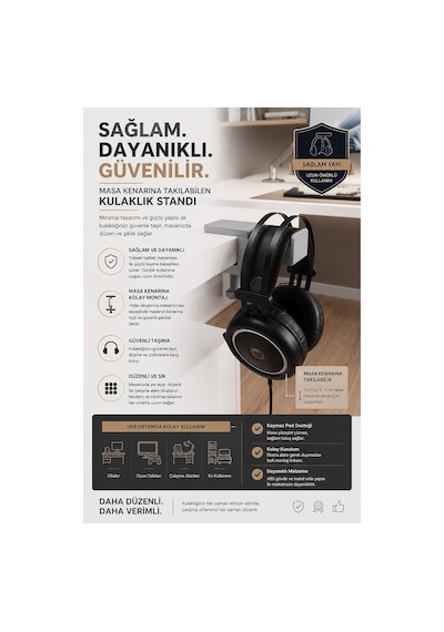 Masa Kenarı Kulaklık Standı, Gri Kulaklık Standı, 0-5 Cm Masa Kalınlığına Uyumlu, Dayanıklı Gaming Kulaklık Askısı, Kulaklık Tutucu