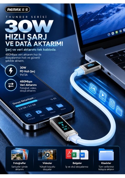 Remax Cb13-cl Thunder Serisi 30w Oled Ekranlı Bluetooth App Kontrollü Type-c To Lightning Hızlı Şarj Ve Data Kablosu 1.2 Metre Buz Mavisi