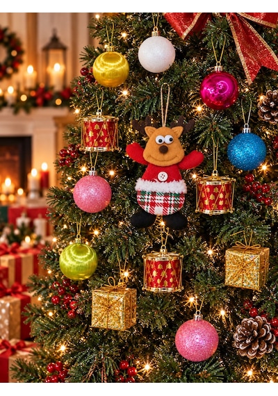 15 Parça Yılbaşı Ağacı Süs Seti Renkli Top Davul Hediye Paketi Noel Baba Kardan Adam Geyik Peluş Diğer