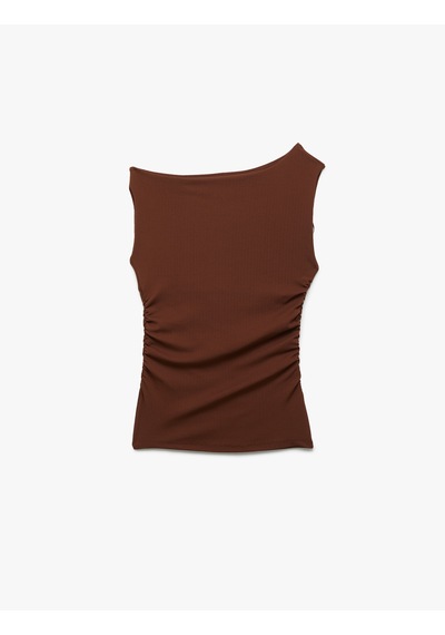 Koton Asimetrik Yaka Slim Fit Kolsuz Drapeli Bluz Kahverengi 5sal30355ık Kahve