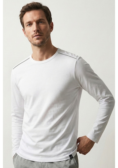 Elemge %100 Pamuk Süprem Uzun Kollu Pijama Üstü Erkek T-shirt Compact Penye Rahat Kalıp Tok Kumaş Beyaz