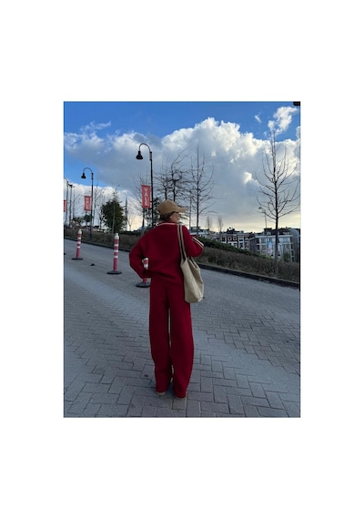 Kadın 3 İplik Pamuklu Yakalı Sweat Baggy Pantolonlu Takım - Bordo