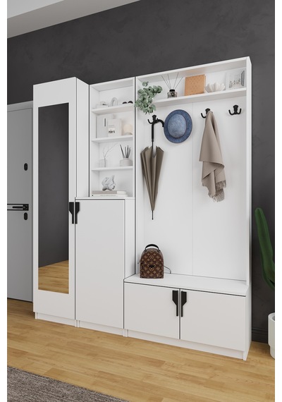 Lüks Aynalı Portmanto Askılı Vestiyer %100 Mdf Çok Raflı Ayakkabılık V03 Beyaz