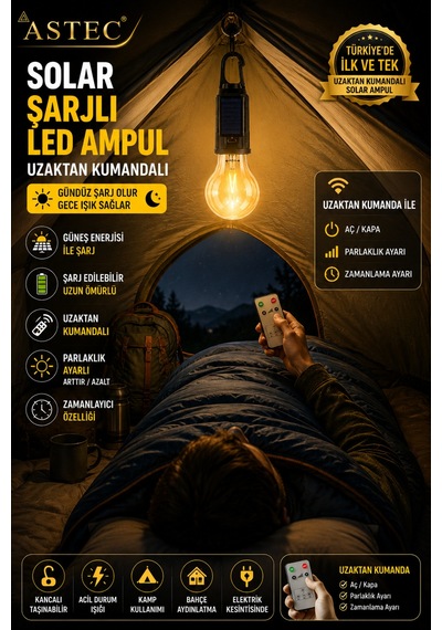 Astec Taşınabilir Solar Şarjlı Led Ampul Uzaktan Kumandalı Type-c Outdoor Kamp Bahçe Lambası Askılı Karabinalı Sarı