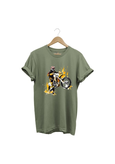 Motorcu Cross Motosiklet Baskılı Ön Kaldıran Motorcu %100 Pamuk Regular Fit Bisiklet Yaka T-shirt Haki