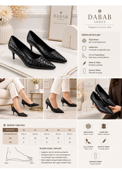 Dabab Shoes Lılya Kadın Siyah Sivri Burun Örgü Desenli 6 Cm İnce Topuklu Stiletto Ayakkabı