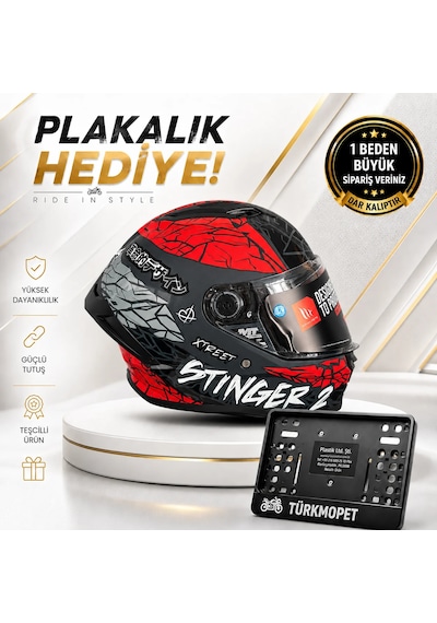 Mt Helmets Stinger 2 Solid Full Face Kapalı Kask + Plakalık Siyah-kırmızı L