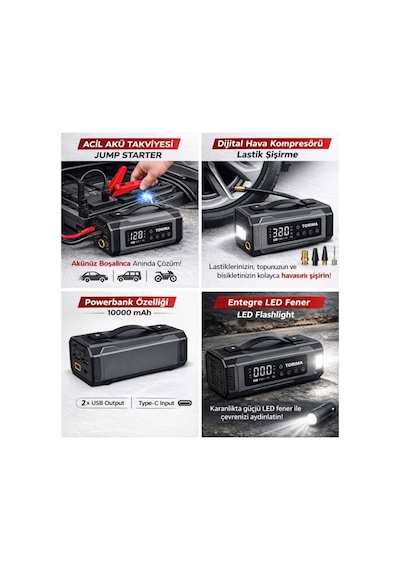 Jump Starter Car Air Pump Akü Takviye Cihazı Lastik Şişirme Pompası Led Işıklı Powerbank