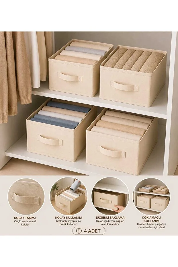 Lüx 4'lü Krem Kumaş Katlanabilir Dolap İçi Düzenleyici Kutu 45x30x20 Cm Kıyafet Ve Giysi Organizer Saklama Kutusu Bej