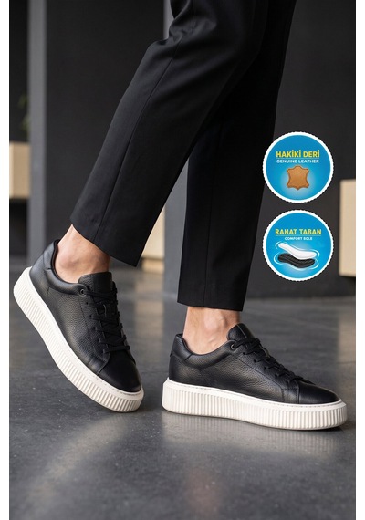 Komcero Kauçuk Tabanlı Bağcıklı Sneaker Siyah-beyaz Hakiki Deri Erkek Casual Ayakkabı Hz1458-2049