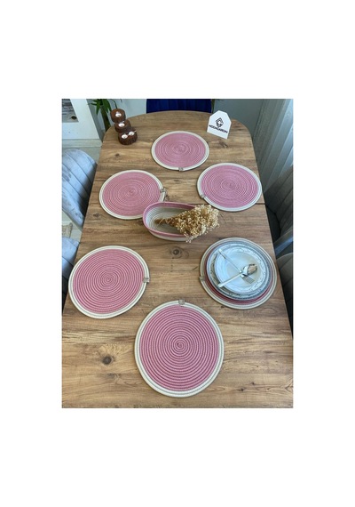 Jüt Hasır Amerikan Servis Supla Ve Sepet 7 Parça Pembe Krem Pembe Krem