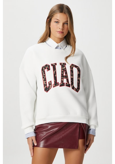 Kadın Ciao Nakışlı İçi Polarlı Leopar Ekru Oversize Seeatshirt Ekru