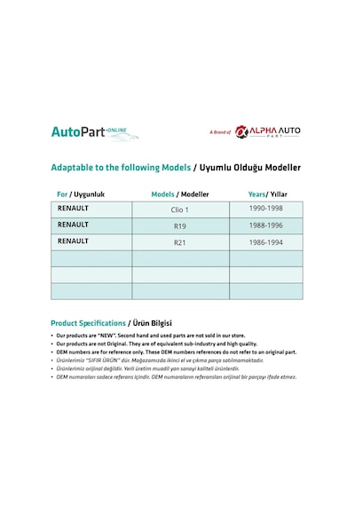 Renault Clio 1, R19, R21 İçin Koltuk Ayar Kolu- 2 Adet