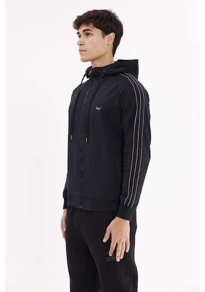 Rowinger Çift Şerit Kol Detaylı Tam Fermuarlı Cepli Rahat Kalıp Ayarlanabilir Kapüşonlu Sweatshirt Black