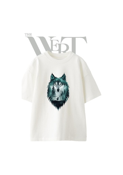 Thewert Wolf Forest Tasarım Baskılı Ünisex Beyaz Oversize T-shirt